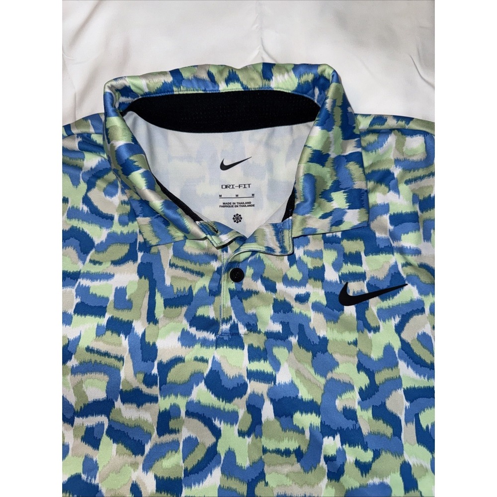 Nike Golf Polo Shirt Mens M White/Blue/Green Print LIMITED USE Front Back Swoosh